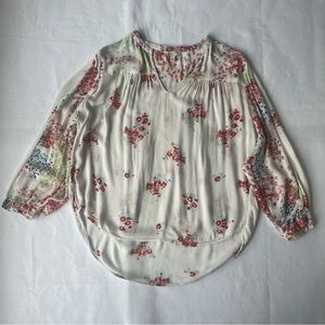 Lucky Brand White Floral Blouse Loose Fit Boho Casual Fun Size L Lightweight